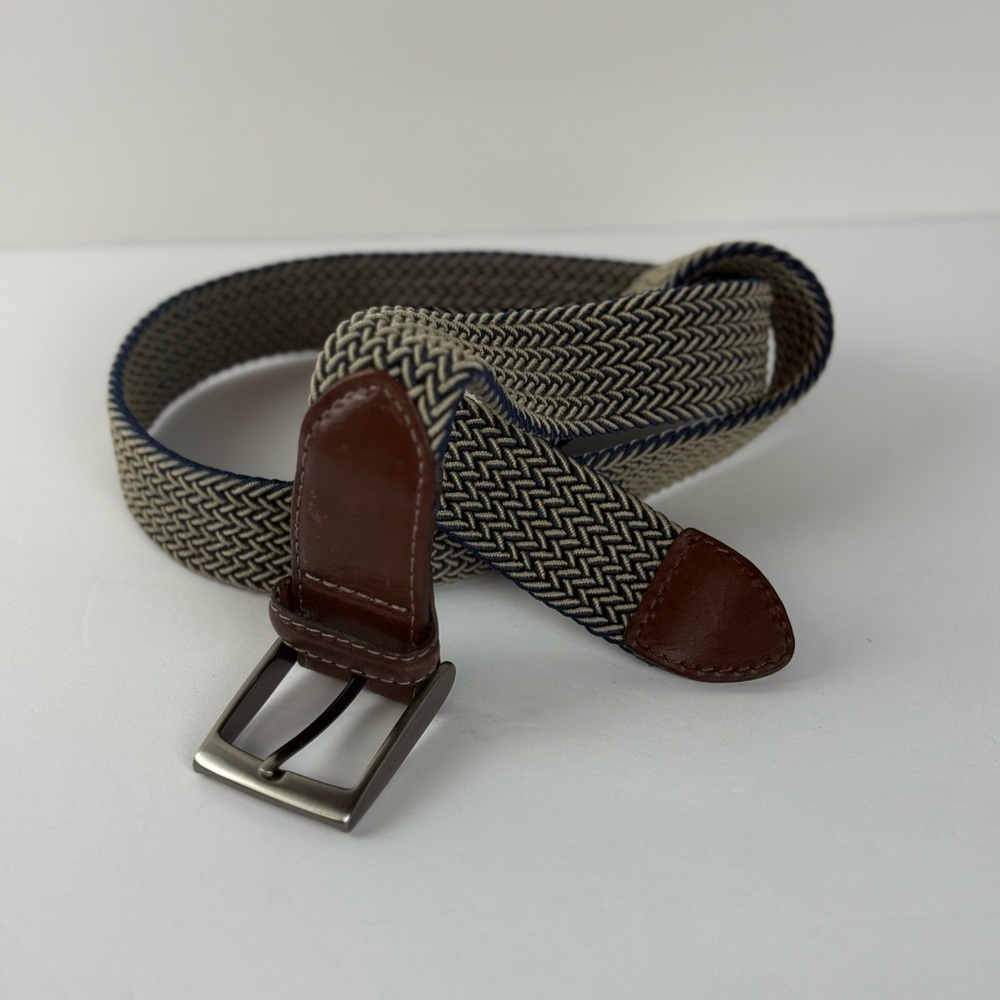 Men’s Woven Stretch Belt – Brown Leather Trim & Silver Buckle